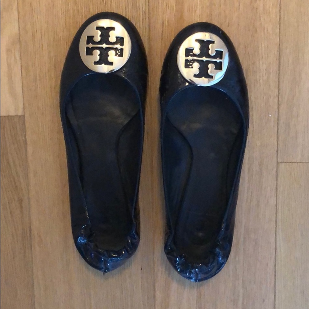 Navy blue patent Tory Burch Reva flats